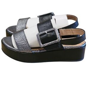 Wonders Black Silver Leather Platform Slingback Sandals Made in Spain Size 37